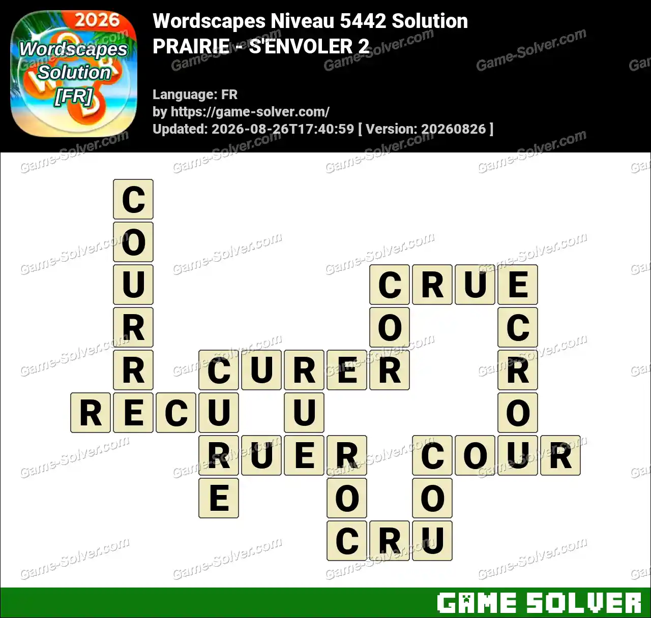 Wordscapes Français Niveau 5442 Solution — PRAIRIE – S’ENVOLER 2